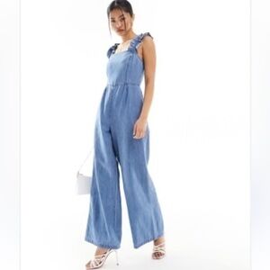 New Blue Ruffle Straps Wide Leg Denim Jumpsuit